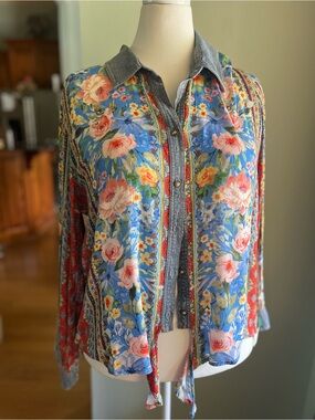 John Mark Floral Button-Front Blouse - Blue, Coral & Pink